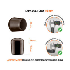 Tapones Marrones para tubos redondos de 10 mm de diámetro exterior con dimensiones y guía para su correcta medición