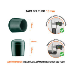 Tapones Verdes para tubos redondos de 10 mm de diámetro exterior con dimensiones y guía para su correcta medición