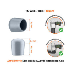 Tapones Grises para tubos redondos de 10 mm de diámetro exterior con dimensiones y guía para su correcta medición