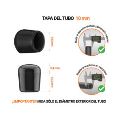 Tapones Negros para tubos redondos de 10 mm de diámetro exterior con dimensiones y guía para su correcta medición