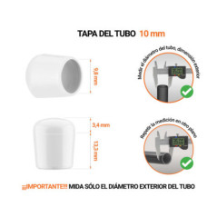 Tapones Blancos para tubos redondos de 10 mm de diámetro exterior con dimensiones y guía para su correcta medición