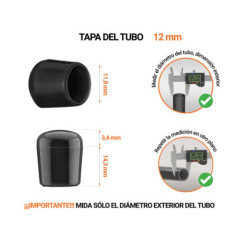 Tapones Negros para tubos redondos de 12 mm de diámetro exterior con dimensiones y guía para su correcta medición