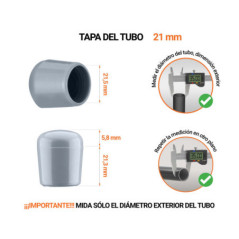 Tapones Grises para tubos redondos de 21 mm de diámetro exterior con dimensiones y guía para su correcta medición