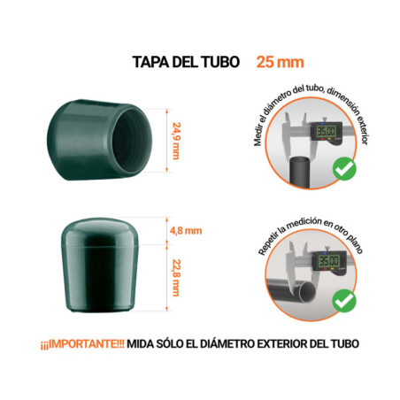 Tapones Verdes para tubos redondos de 25 mm de diámetro exterior con dimensiones y guía para su correcta medición