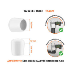 Tapones Blancos para tubos redondos de 25 mm de diámetro exterior con dimensiones y guía para su correcta medición