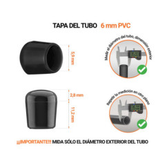 Tapones Negros para tubos redondos de PVC 6 mm de diámetro exterior con dimensiones y guía para su correcta medición