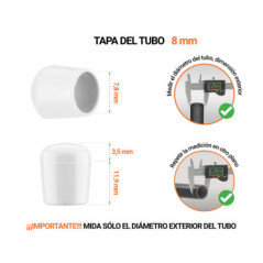 Tapones Blancos para tubos redondos de 8 mm de diámetro exterior con dimensiones y guía para su correcta medición