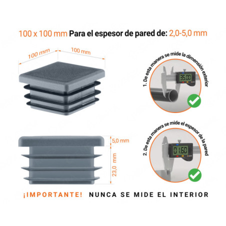 Tapa final de plástico Antracita para tubos cuadrados de tamaño 100x100 mm con dimensiones técnicas e instrucciones para su correcta medición