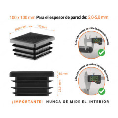 Tapa final de plástico Negro para tubos cuadrados de tamaño 100x100 mm con dimensiones técnicas e instrucciones para su correcta medición