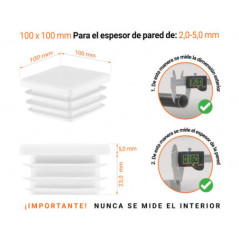 Tapa final de plástico Blanco para tubos cuadrados de tamaño 100x100 mm con dimensiones técnicas e instrucciones para su correcta medición