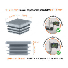 Tapa final de plástico Gris para tubos cuadrados de tamaño 10x10 mm con dimensiones técnicas e instrucciones para su correcta medición