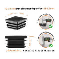 Tapa final de plástico Negro para tubos cuadrados de tamaño 10x10 mm con dimensiones técnicas e instrucciones para su correcta medición