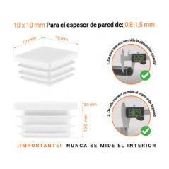 Tapa final de plástico Blanco para tubos cuadrados de tamaño 10x10 mm con dimensiones técnicas e instrucciones para su correcta medición