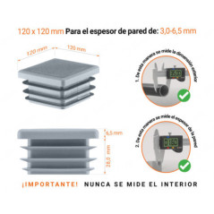 Tapa final de plástico Gris para tubos cuadrados de tamaño 120x120 mm con dimensiones técnicas e instrucciones para su correcta medición