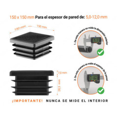 Tapa final de plástico Negro para tubos cuadrados de tamaño 150x150 mm con dimensiones técnicas e instrucciones para su correcta medición