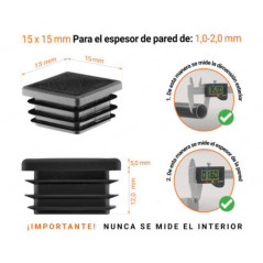 Tapa final de plástico Negro para tubos cuadrados de tamaño 15x15 mm con dimensiones técnicas e instrucciones para su correcta medición