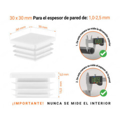 Tapa final de plástico Blanco para tubos cuadrados de tamaño 30x30 mm con dimensiones técnicas e instrucciones para su correcta medición