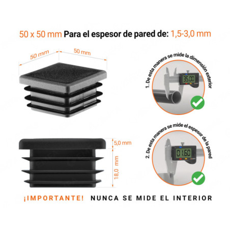 Tapas cuadradas para perfiles de acero 50x50 mm color Negro 10 piezas Tapa final de plástico Negro para tubos cuadrados de tamaño 50x50 mm con dimensiones técnicas e instrucciones para su correcta medición
