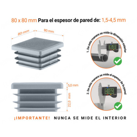 Tapas cuadradas para perfiles de acero 80x80 mm color Gris 10 piezas Tapa final de plástico Gris para tubos cuadrados de tamaño 80x80 mm con dimensiones técnicas e instrucciones para su correcta medición