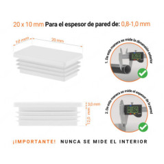 Inserto rectangular Blanco para tubo de 10x20 mm con dimensiones técnicas y guía para la correcta medición de los tapones.