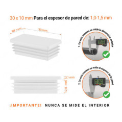 Inserto rectangular Blanco para tubo de 10x30 mm con dimensiones técnicas y guía para la correcta medición de los tapones.