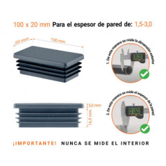 Inserto rectangular Antracita para tubo de 20x100 mm con dimensiones técnicas y guía para la correcta medición de los tapones.