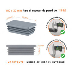 Inserto rectangular Gris para tubo de 20x100 mm con dimensiones técnicas y guía para la correcta medición de los tapones.