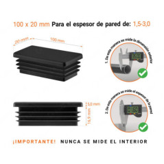 Inserto rectangular Negro para tubo de 20x100 mm con dimensiones técnicas y guía para la correcta medición de los tapones.