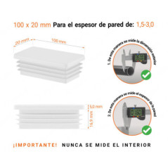 Inserto rectangular Blanco para tubo de 20x100 mm con dimensiones técnicas y guía para la correcta medición de los tapones.