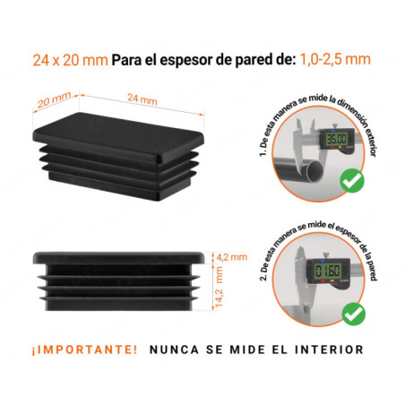 Tapones rectangulares para perfiles de acero 20x24 mm color Negro Inserto rectangular Negro para tubo de 20x24 mm con dimensiones técnicas y guía para la correcta medición de los tapones.