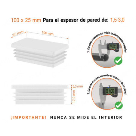 Inserto rectangular Blanco para tubo de 25x100 mm con dimensiones técnicas y guía para la correcta medición de los tapones.
