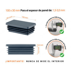 Inserto rectangular Antracita para tubo de 30x100 mm con dimensiones técnicas y guía para la correcta medición de los tapones.