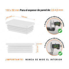 Inserto rectangular Blanco para tubo de 50x100 mm con dimensiones técnicas y guía para la correcta medición de los tapones.