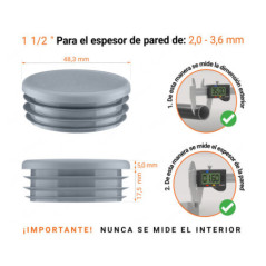 Tapones redondos de plástico de 1 1/2" con dimensiones e instrucciones para su correcta medición