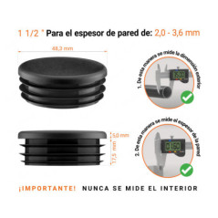 Tapones redondos de plástico de 1 1/2" con dimensiones e instrucciones para su correcta medición