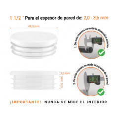 Tapones redondos de plástico de 1 1/2" con dimensiones e instrucciones para su correcta medición