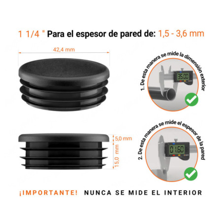 Tubos redondos de plástico de 1 1/4" en color Negro 10 piezas Tapones redondos de plástico de 1 1/4" con dimensiones e instrucciones para su correcta medición