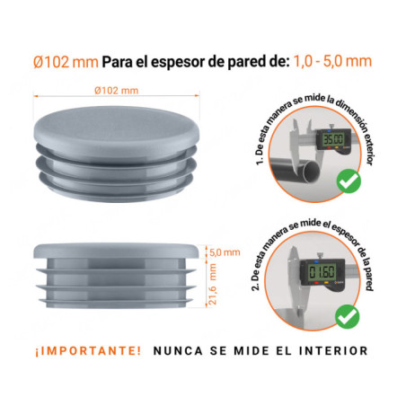 Tapones redondos de plástico de 102 mm con dimensiones e instrucciones para su correcta medición