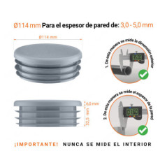 Tapones redondos de plástico de 114 mm con dimensiones e instrucciones para su correcta medición