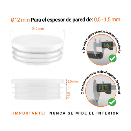 Tapones redondos de plástico de 12 mm con dimensiones e instrucciones para su correcta medición