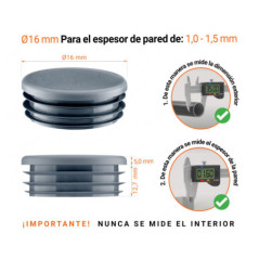 Tapones redondos de plástico de 16 mm con dimensiones e instrucciones para su correcta medición