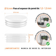 Tapones redondos de plástico de 16 mm con dimensiones e instrucciones para su correcta medición