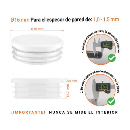 Tapones redondos de plástico de 16 mm con dimensiones e instrucciones para su correcta medición