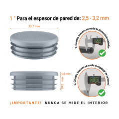 Tapones redondos de plástico de 1" con dimensiones e instrucciones para su correcta medición