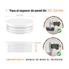 Tapones redondos de plástico de 1" con dimensiones e instrucciones para su correcta medición