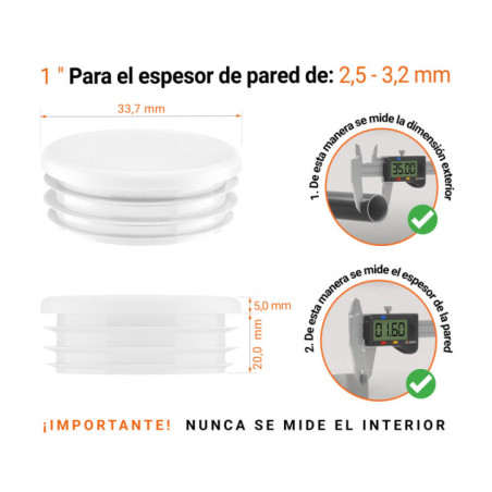 Tapones redondos de plástico de 1" con dimensiones e instrucciones para su correcta medición