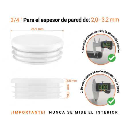 Tapones redondos de plástico de 3/4" con dimensiones e instrucciones para su correcta medición