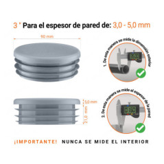 Tapones redondos de plástico de 3" con dimensiones e instrucciones para su correcta medición