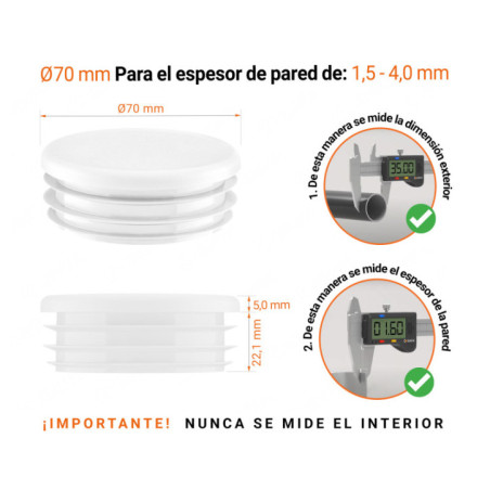 Tapones redondos de plástico de 70 mm con dimensiones e instrucciones para su correcta medición
