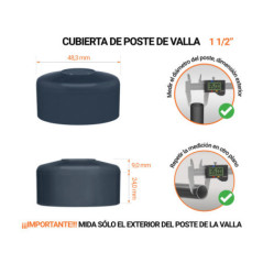 Tapa de poste redonda de 1 1/2" de diámetro exterior con dimensiones e instrucciones para su correcta medición